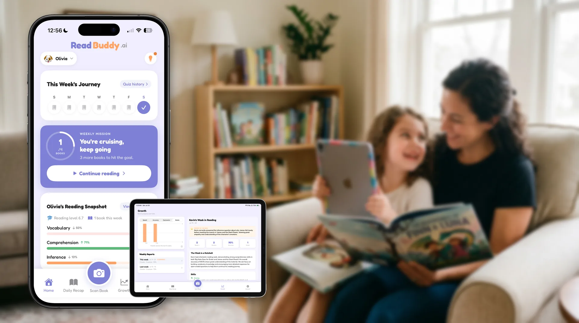 Parent and child with ReadBuddy weekly reading goal and Sunday parent report